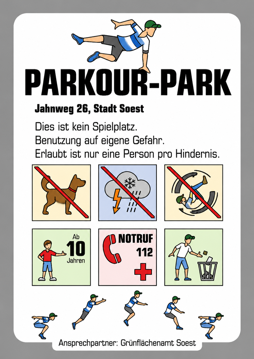 Hinweisschild für einen Parkour-Park mit Sicherheitsregeln und Nutzungshinweisen.
